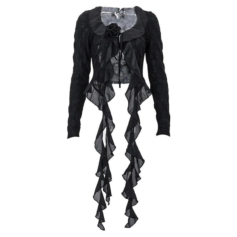 Textured Ruffle Long Sleeve Crop Top - Y2K Fashion, Coquette Aesthetic, Cute Tops