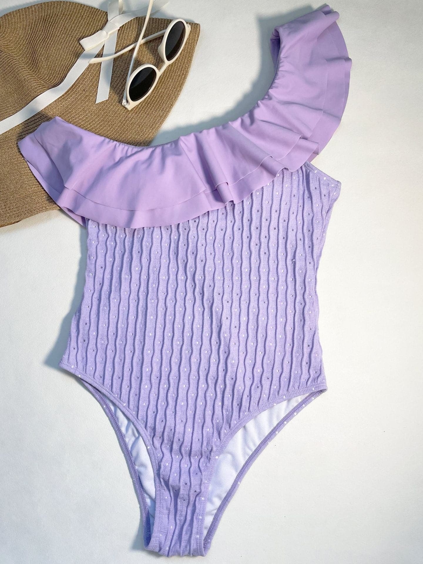 Textured Ruffle One-Shoulder Solid One-Piece Swimsuit - Y2K Aesthetic Swimwear