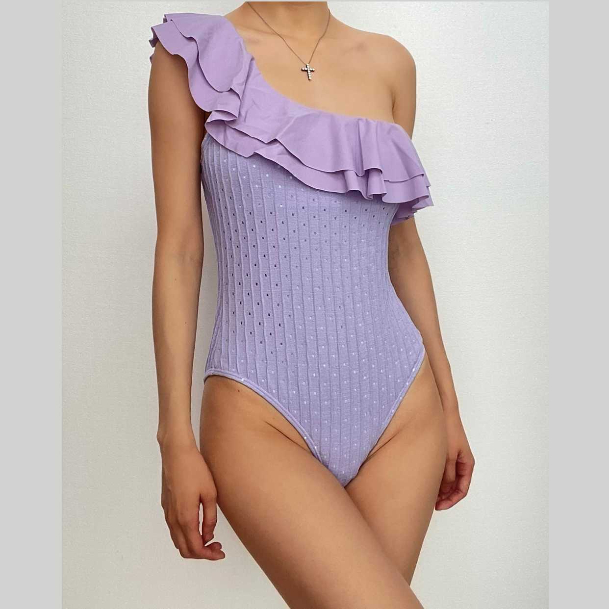 Textured Ruffle One-Shoulder Solid One-Piece Swimsuit - Y2K Aesthetic Swimwear
