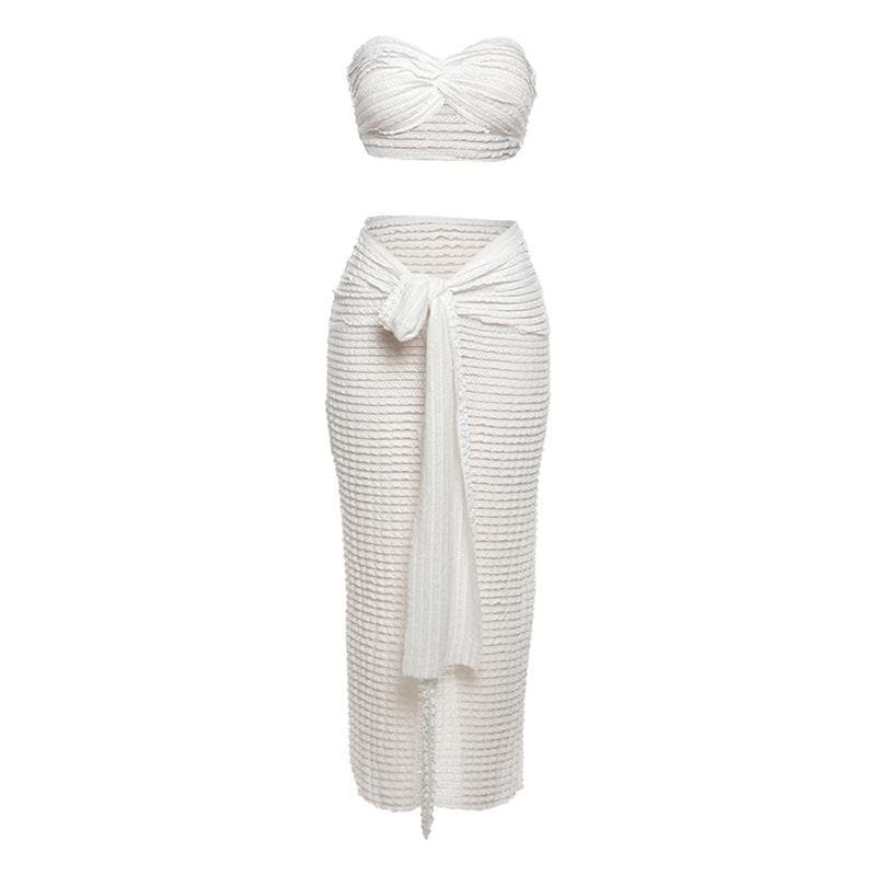 Textured Ruffle Self-Tie Knotted Tube Maxi Skirt Set - Y2K Fashion & Coquette Aesthetic