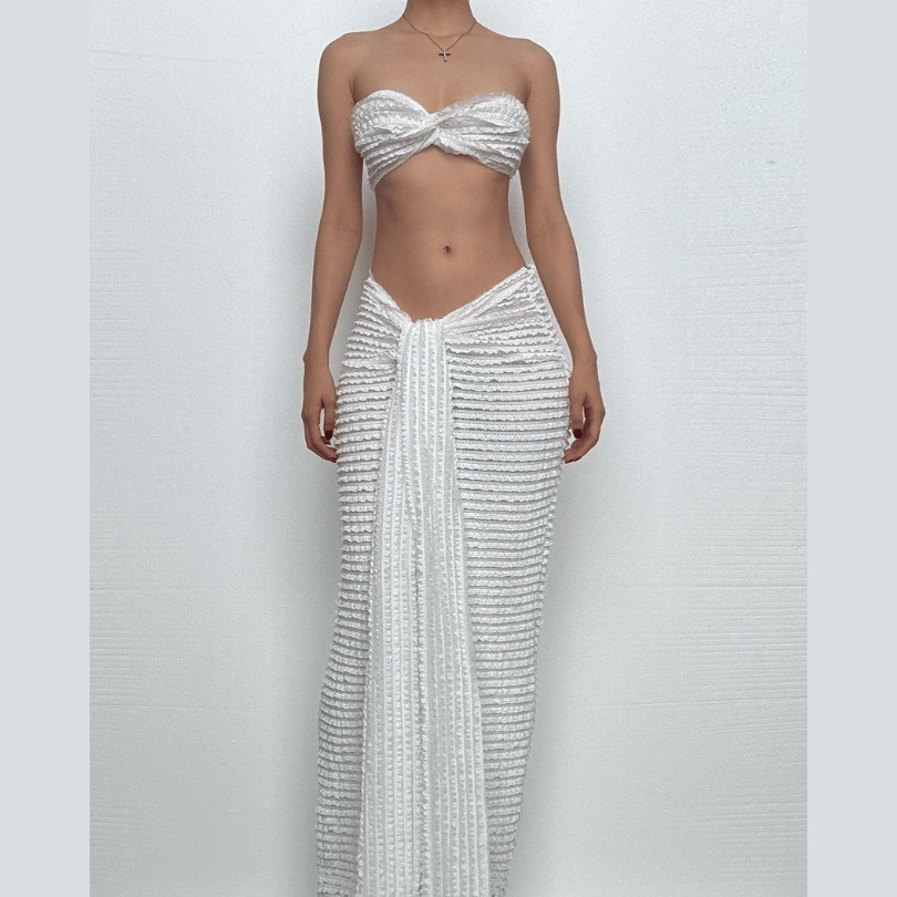 Textured Ruffle Self-Tie Knotted Tube Maxi Skirt Set - Y2K Fashion & Coquette Aesthetic
