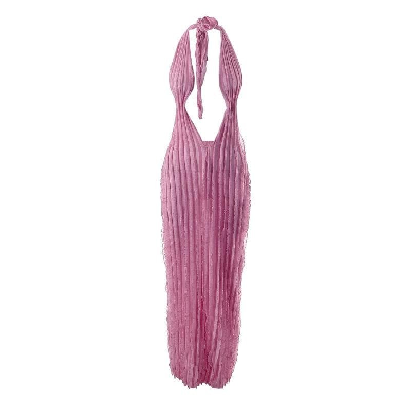 Textured Ruffle Solid Halter Backless Maxi Dress - Y2K Aesthetic, Coquette Style, Cute Outfit