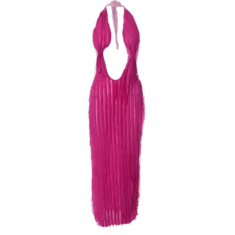 Textured Ruffle Solid Halter Backless Maxi Dress - Y2K Aesthetic, Coquette Style, Cute Outfit
