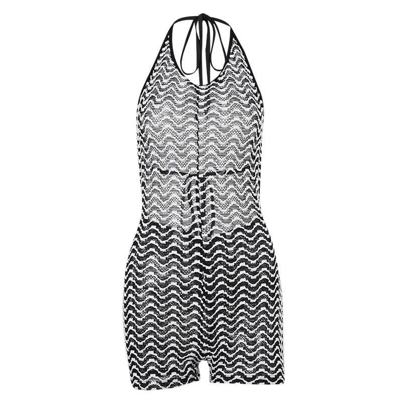 Textured See-Through Halter Backless Romper - Y2K Aesthetic, Grunge Style, Cute Tops