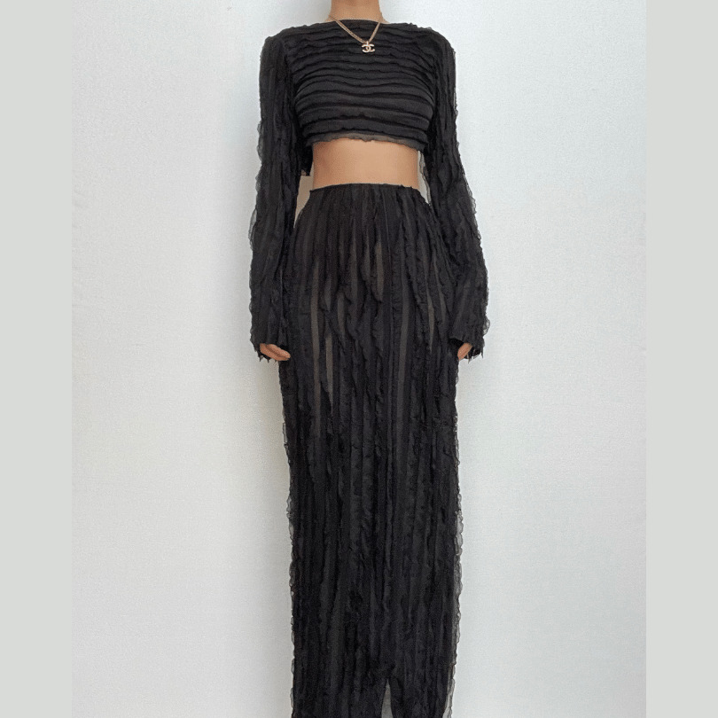 Textured Self-Tie Backless Ruffle Maxi Skirt Set - Y2K Aesthetic, Coquette Style, Cute Outfit