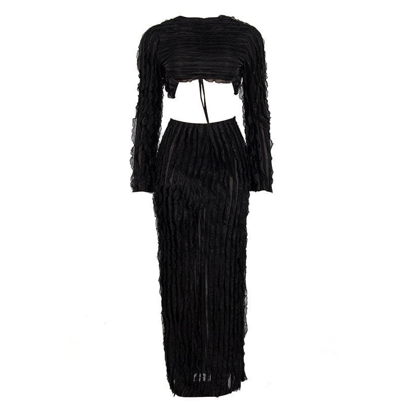 Textured Self-Tie Backless Ruffle Maxi Skirt Set - Y2K Aesthetic, Coquette Style, Cute Outfit