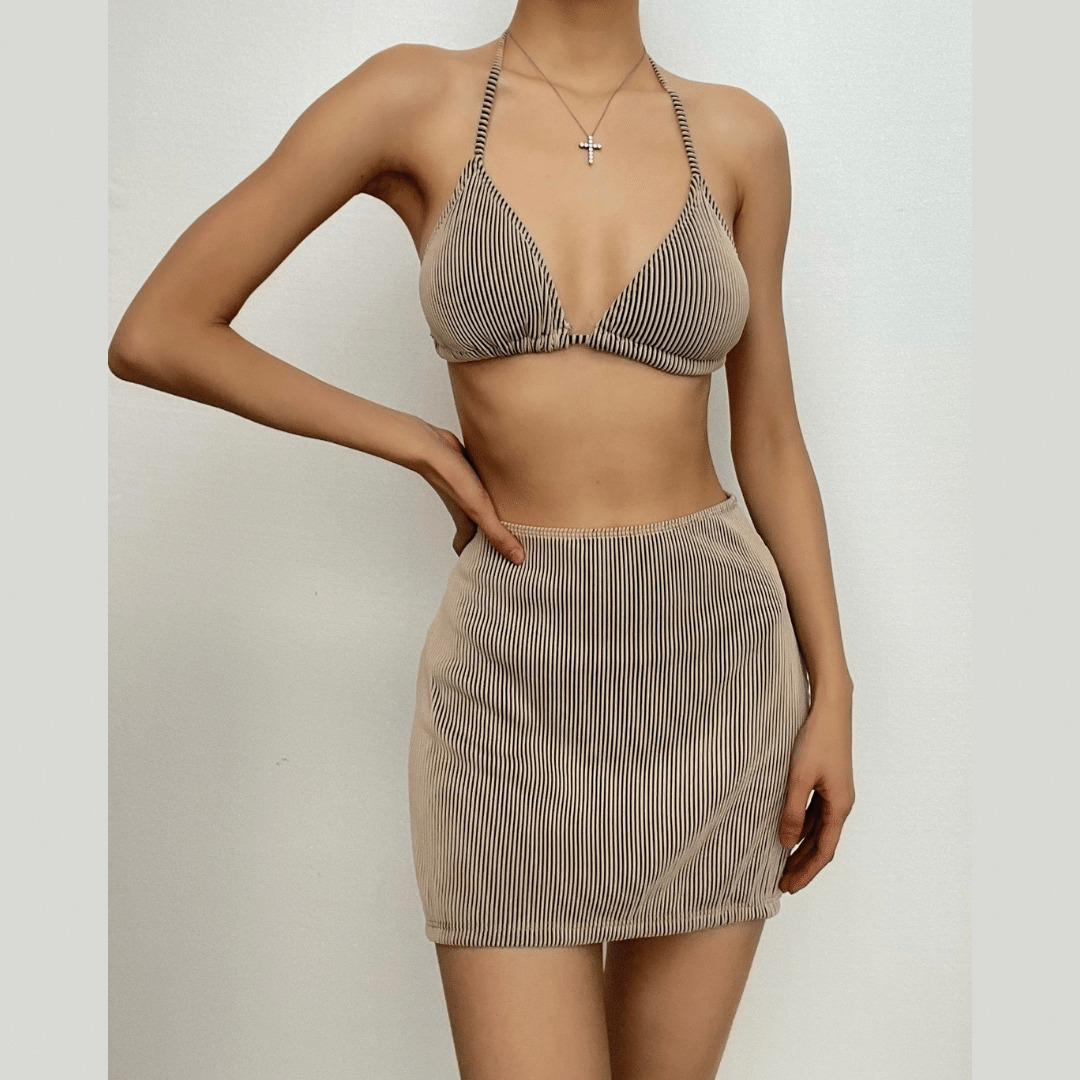 Textured Self-Tie Halter Mini Skirt Set - Y2K Aesthetic Swimwear for Coquette & Grunge Styles