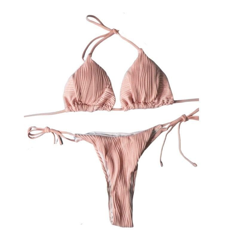 Textured Self-Tie Padded Bikini Swimwear - Y2K Aesthetic, Cute & Comfy Summer Style