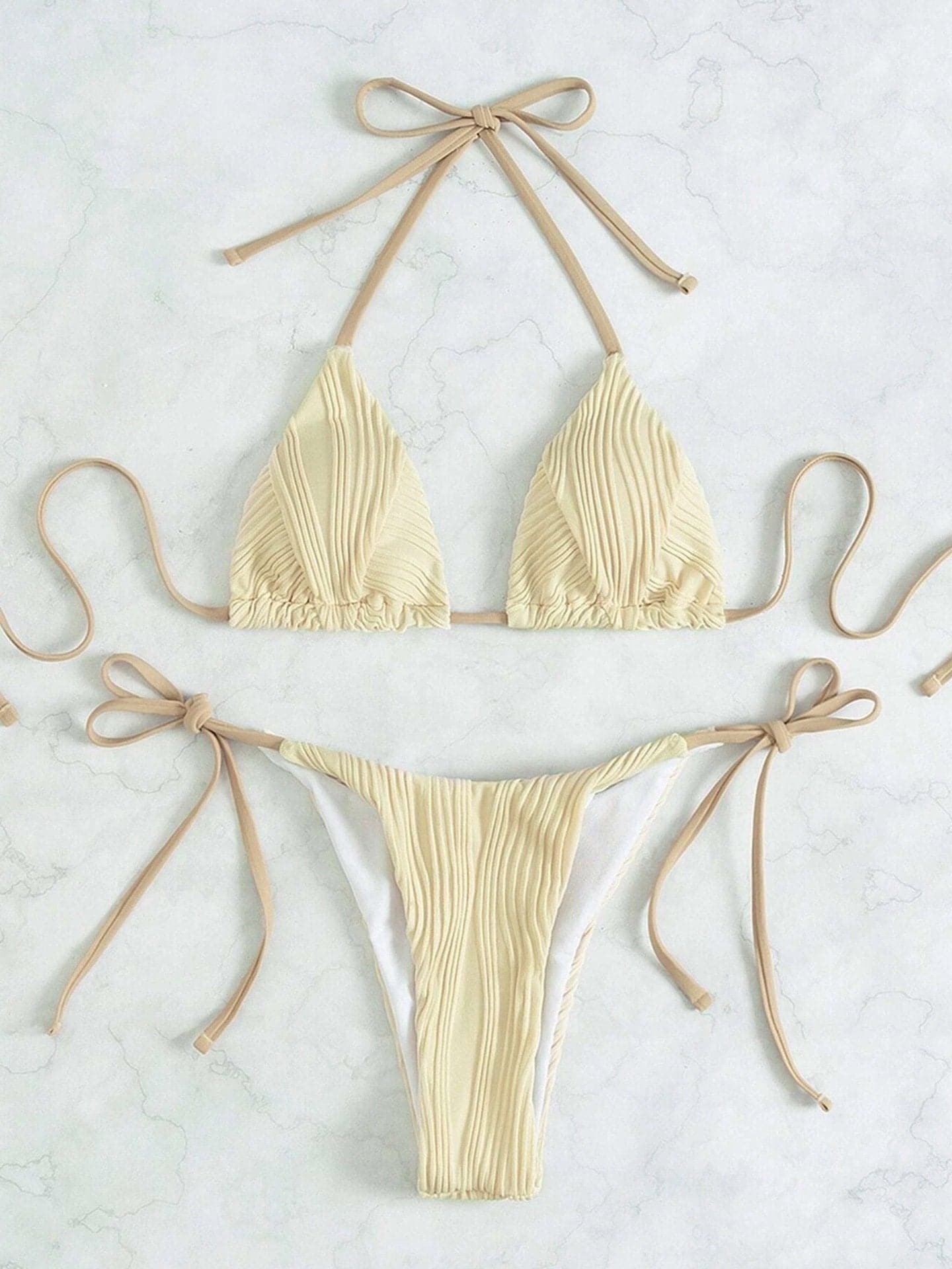 Textured Self-Tie Padded Bikini Swimwear - Y2K Aesthetic, Cute & Comfy Summer Style