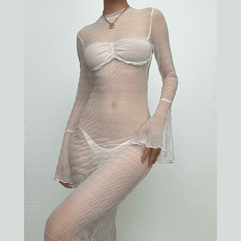 Textured Sheer Maxi Dress with Long Flared Sleeves - Y2K Aesthetic & Coquette Style