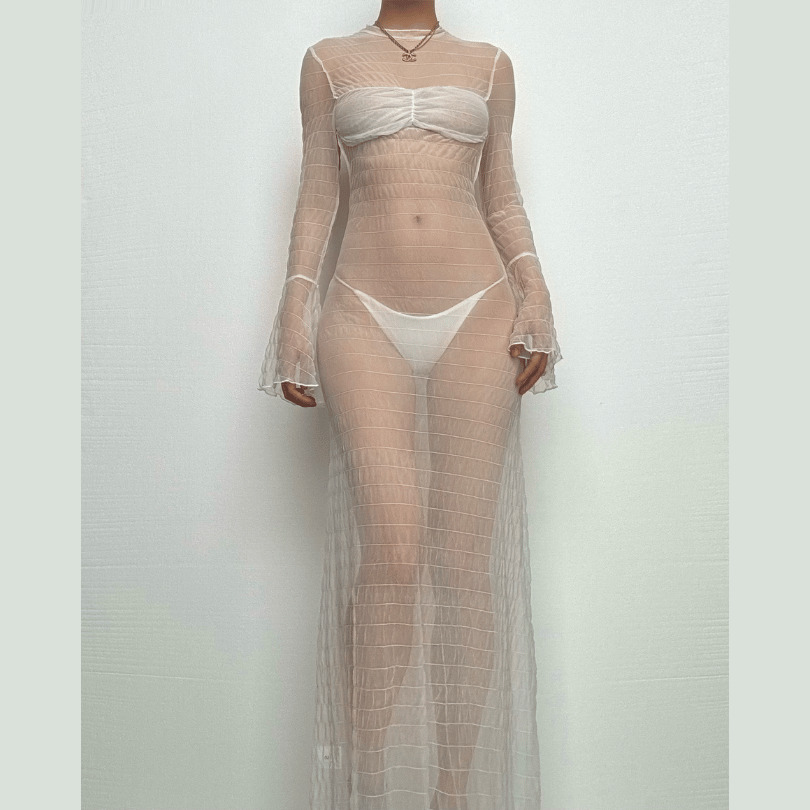 Textured Sheer Maxi Dress with Long Flared Sleeves - Y2K Aesthetic & Coquette Style