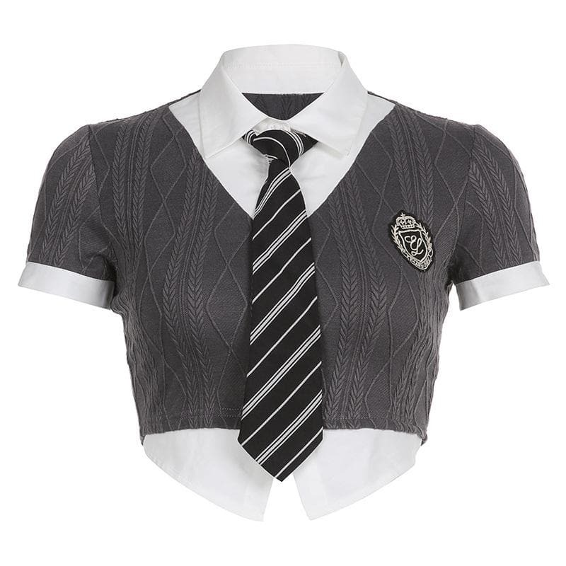 Textured Short Sleeve Patchwork Necktie Collar Crop Top - Y2K Coquette Aesthetic Fashion