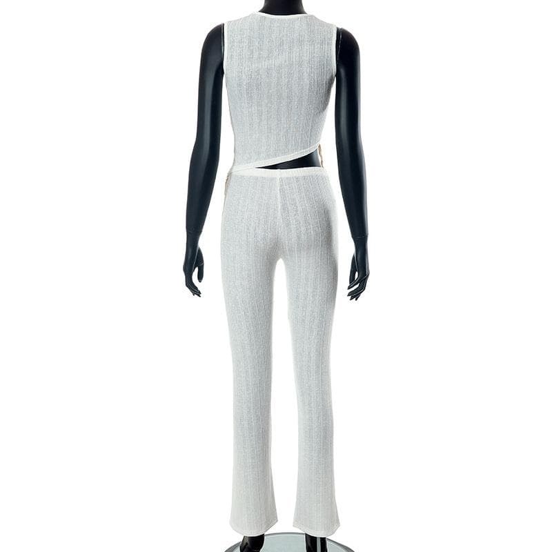 Textured Sleeveless Crewneck Tassel Pant Set - Y2K Aesthetic, Coquette & Grunge Style