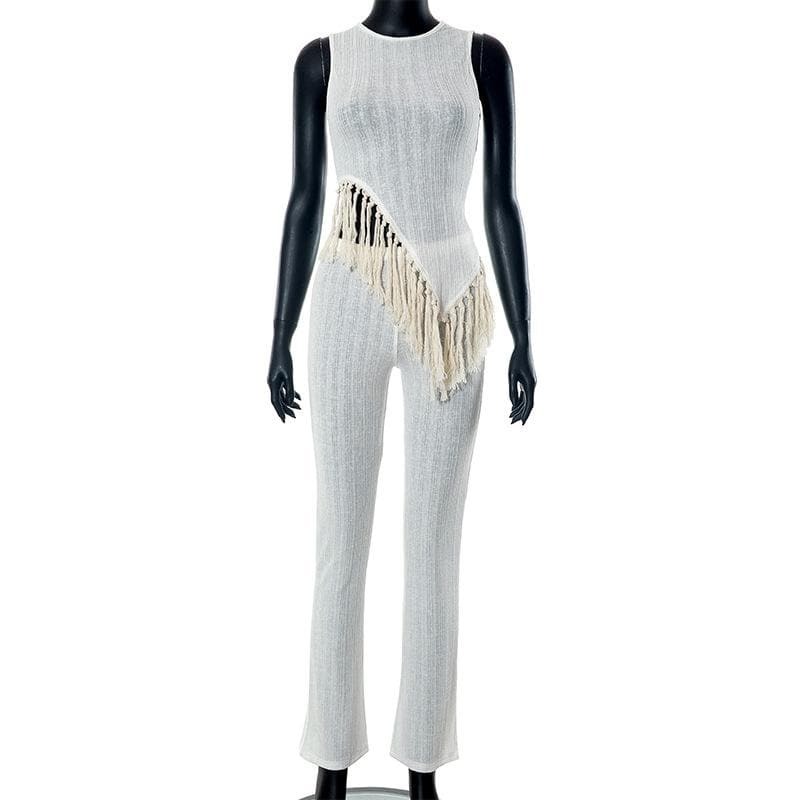Textured Sleeveless Crewneck Tassel Pant Set - Y2K Aesthetic, Coquette & Grunge Style