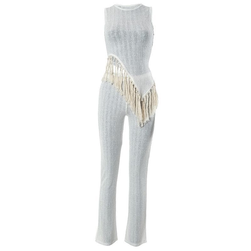 Textured Sleeveless Crewneck Tassel Pant Set - Y2K Aesthetic, Coquette & Grunge Style