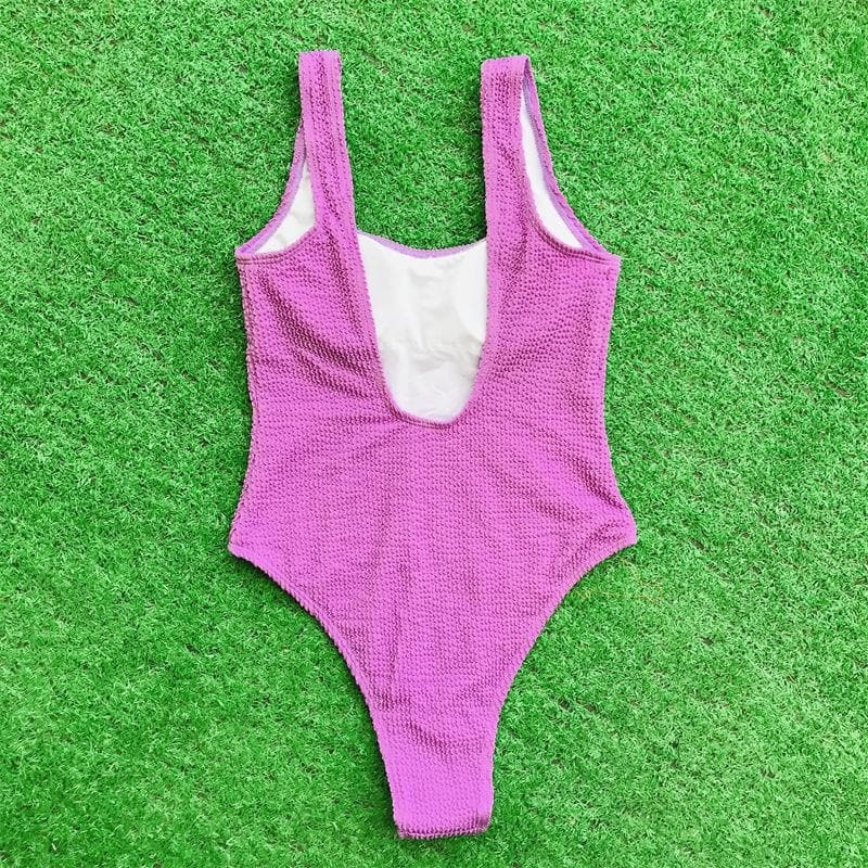 Textured Sleeveless U-Neck Solid One-Piece Swimsuit - Y2K Aesthetic & Coquette Style
