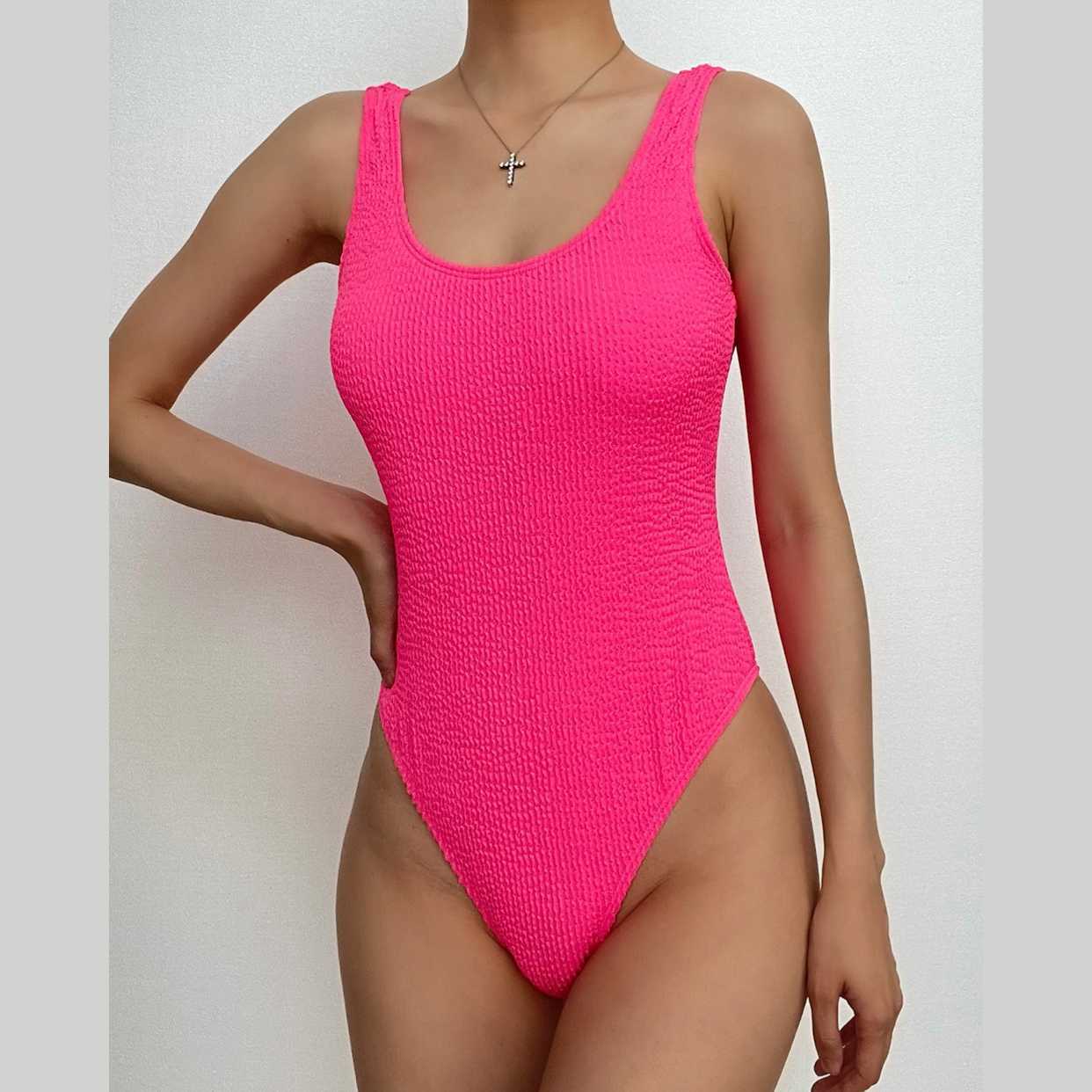 Textured Sleeveless U-Neck Solid One-Piece Swimsuit - Y2K Aesthetic & Coquette Style