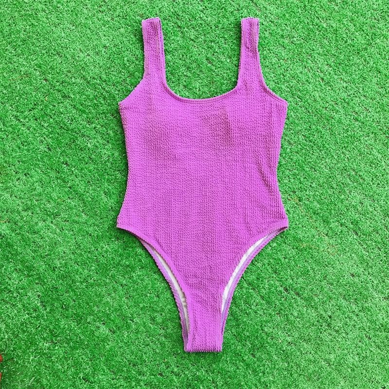 Textured Sleeveless U-Neck Solid One-Piece Swimsuit - Y2K Aesthetic & Coquette Style