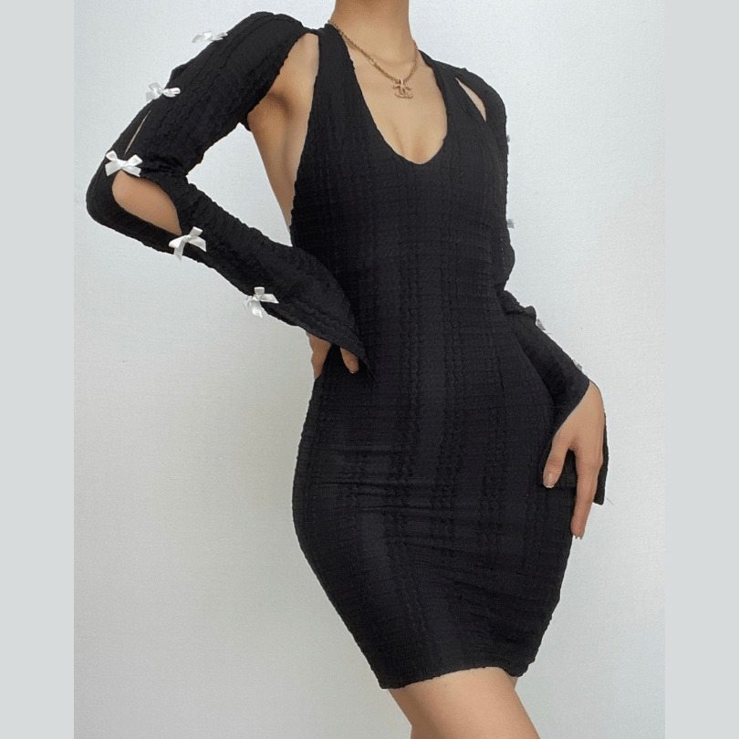 Textured Slit Halter Mini Dress with Long Sleeve Bowknot - Y2K Coquette Aesthetic