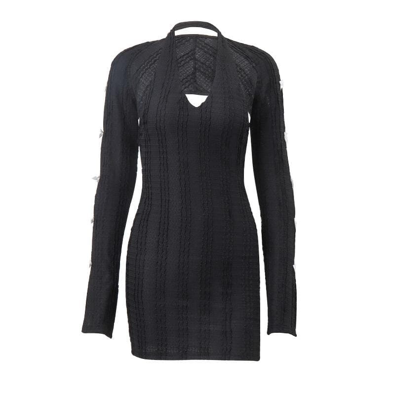 Textured Slit Halter Mini Dress with Long Sleeve Bowknot - Y2K Coquette Aesthetic