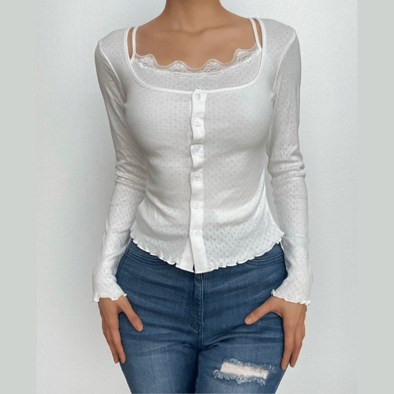 Textured Solid 2-Piece Top with Button Ruffle Long Sleeves - Y2K & Coquette Aesthetic