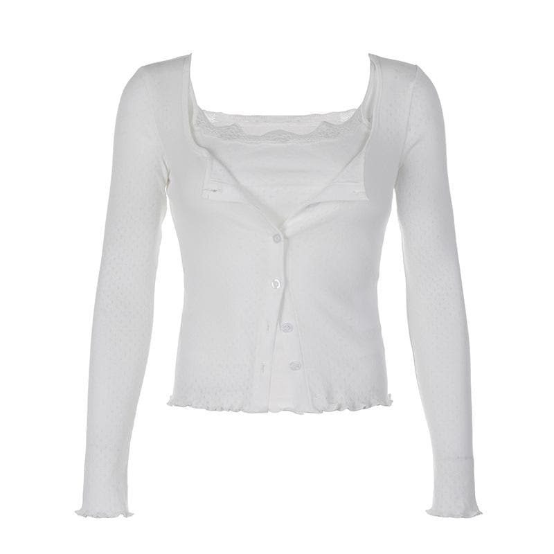 Textured Solid 2-Piece Top with Button Ruffle Long Sleeves - Y2K & Coquette Aesthetic