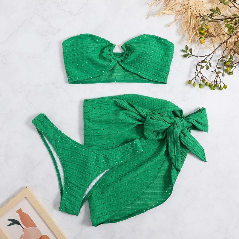 Textured Solid Backless Tube 3-Piece Swimwear - Y2K Aesthetic, Cute & Comfy Summer Style
