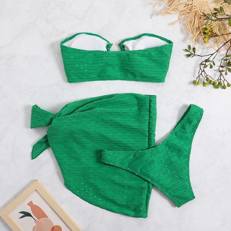 Textured Solid Backless Tube 3-Piece Swimwear - Y2K Aesthetic, Cute & Comfy Summer Style