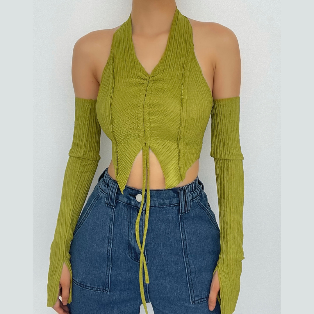 Textured Solid Halter Backless Crop Top - Y2K Fashion, Coquette Aesthetic, Cute Tops