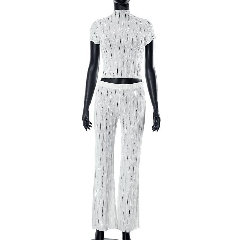 Textured Solid Hollow Out High Neck Short Sleeve Y2K Aesthetic Pant Set for Trendy Looks