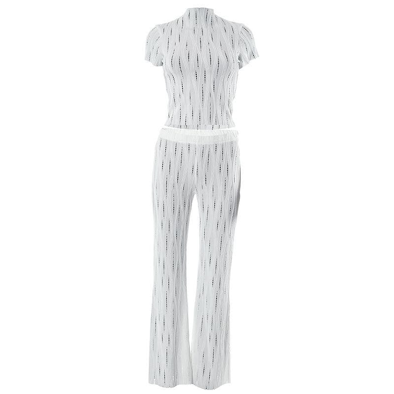 Textured Solid Hollow Out High Neck Short Sleeve Y2K Aesthetic Pant Set for Trendy Looks