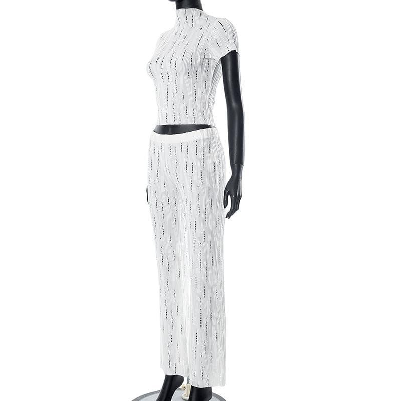 Textured Solid Hollow Out High Neck Short Sleeve Y2K Aesthetic Pant Set for Trendy Looks