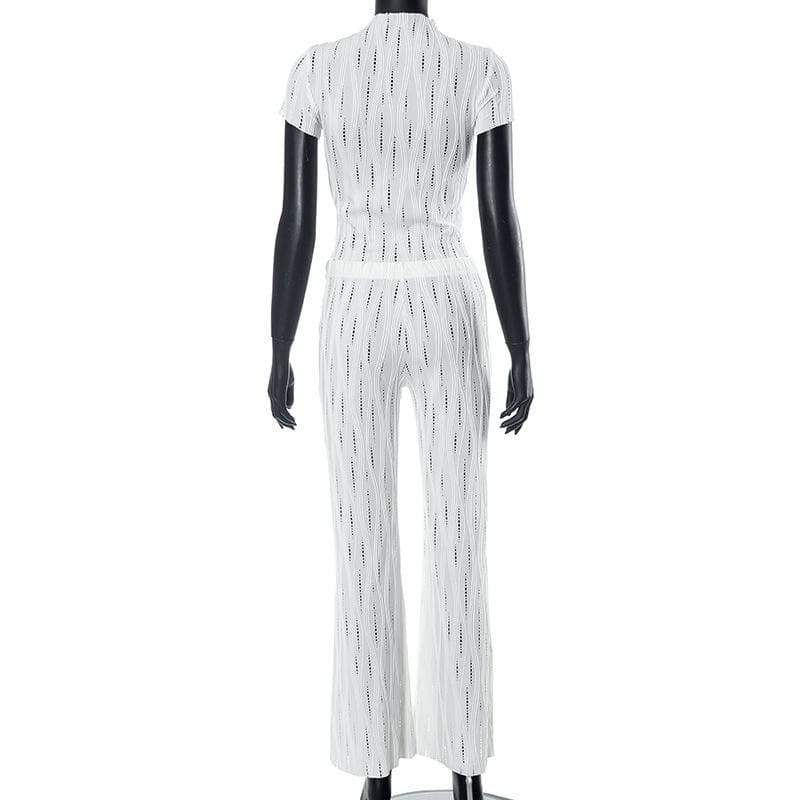 Textured Solid Hollow Out High Neck Short Sleeve Y2K Aesthetic Pant Set for Trendy Looks