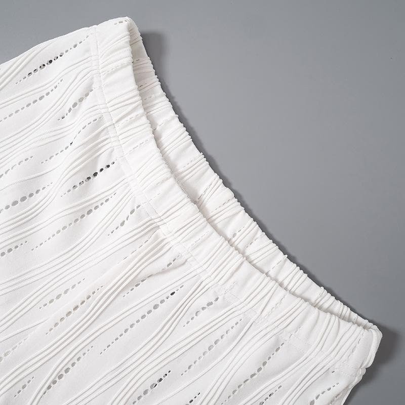 Textured Solid Hollow Out High Neck Short Sleeve Y2K Aesthetic Pant Set for Trendy Looks