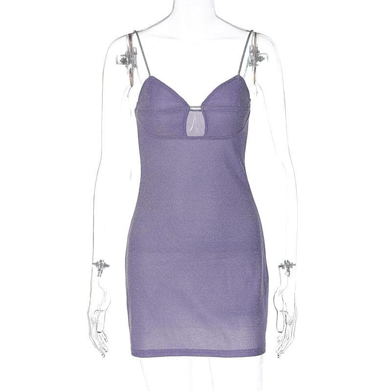 Textured Solid Hollow Out V-Neck Backless Mini Dress - Y2K Aesthetic Cut-Out Style