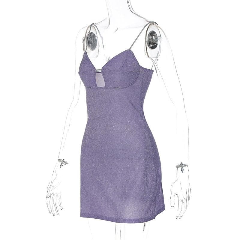 Textured Solid Hollow Out V-Neck Backless Mini Dress - Y2K Aesthetic Cut-Out Style