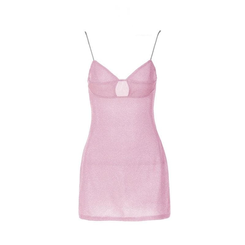 Textured Solid Hollow Out V-Neck Backless Mini Dress - Y2K Aesthetic Cut-Out Style