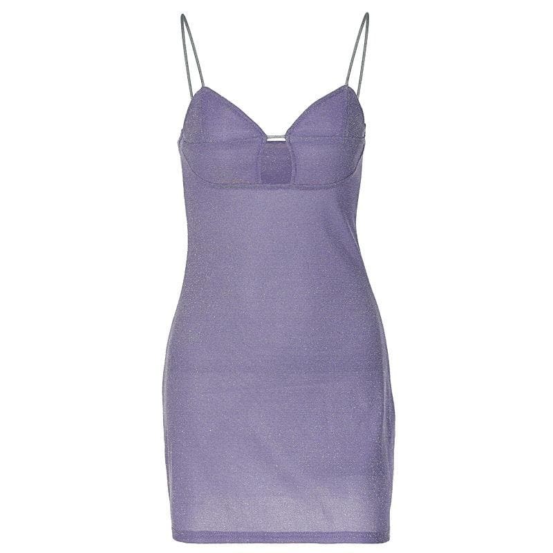 Textured Solid Hollow Out V-Neck Backless Mini Dress - Y2K Aesthetic Cut-Out Style