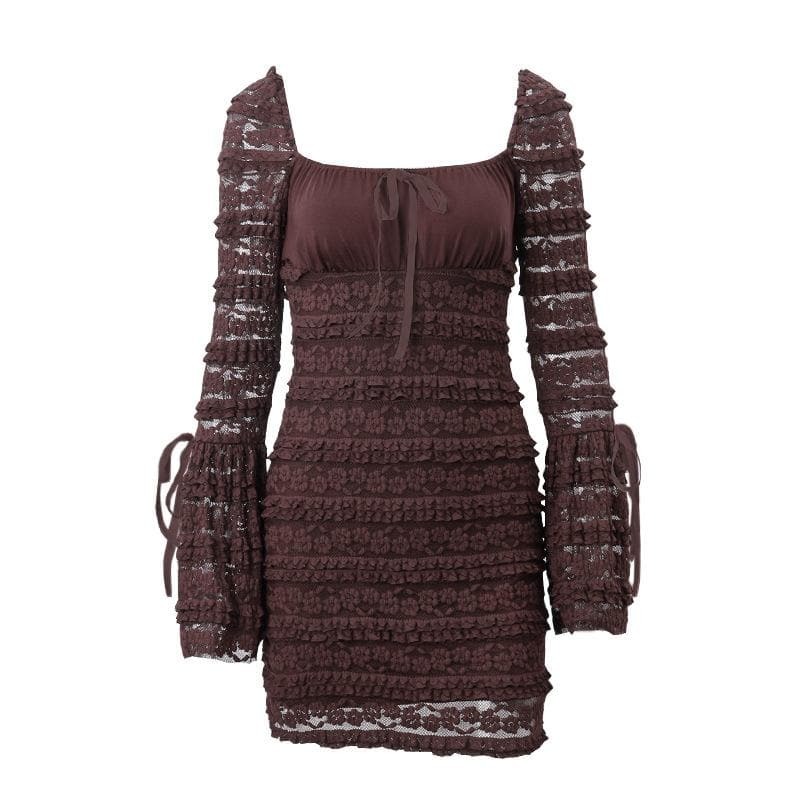 Textured Solid Long Flared Sleeve Patchwork Mini Dress - Y2K Coquette Aesthetic Fashion