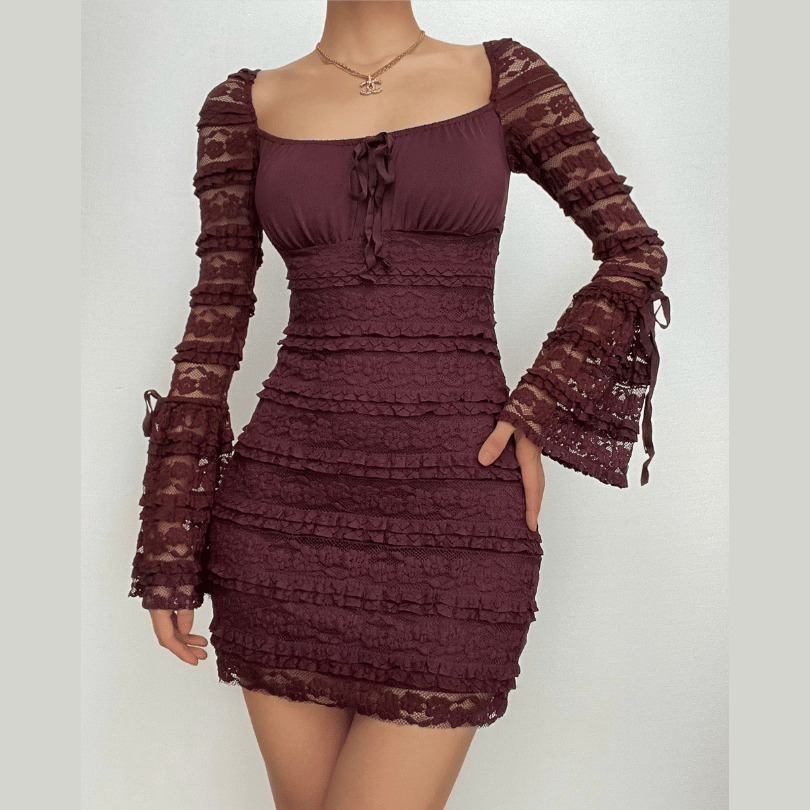 Textured Solid Long Flared Sleeve Patchwork Mini Dress - Y2K Coquette Aesthetic Fashion