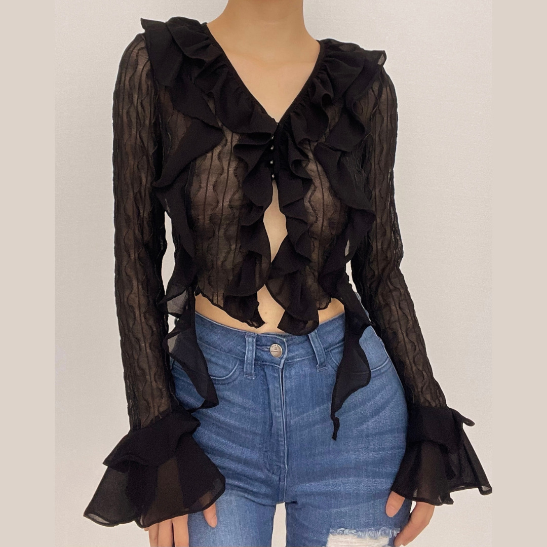 Textured Solid Long Sleeve Halter V-Neck Ruffle Flare Crop Top - Y2K & Coquette Aesthetic