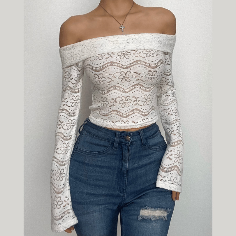 Textured Solid Long Sleeve Off-Shoulder Backless Crop Top - Y2K Grunge & Coquette Aesthetic