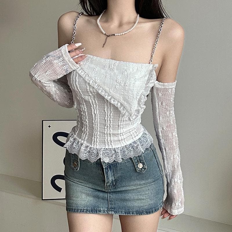 Textured Solid Long Sleeve Off-Shoulder Top with Metal Chain & Lace Hem - Y2K Aesthetic