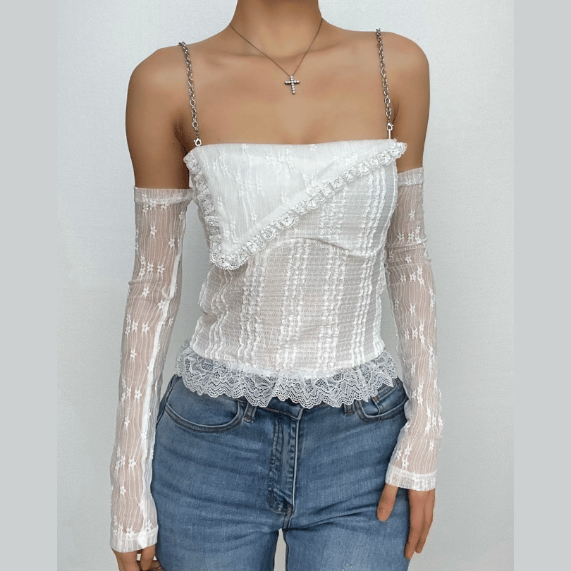 Textured Solid Long Sleeve Off-Shoulder Top with Metal Chain & Lace Hem - Y2K Aesthetic