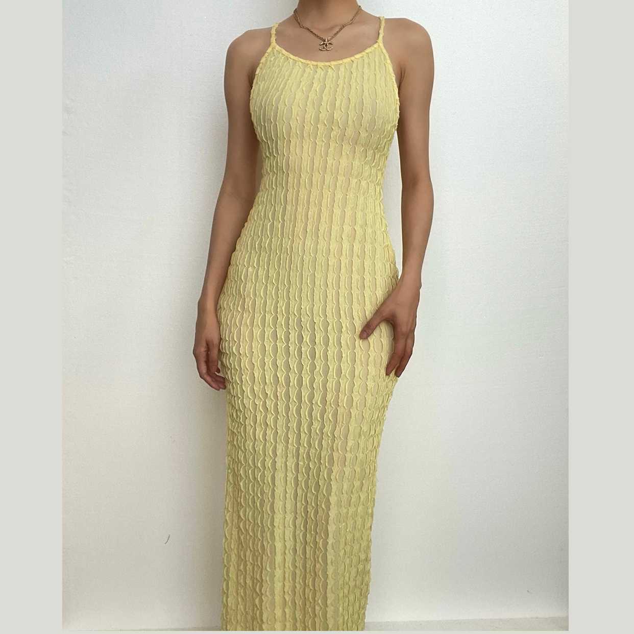 Textured Solid Maxi Dress with Cross Back Self-Tie & Backless Design - Y2K Aesthetic