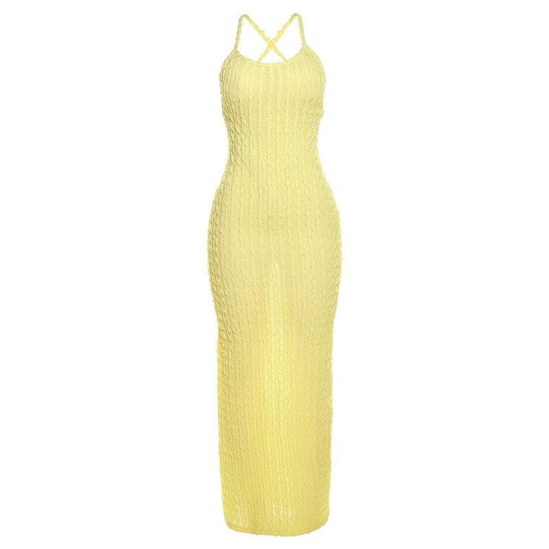 Textured Solid Maxi Dress with Cross Back Self-Tie & Backless Design - Y2K Aesthetic