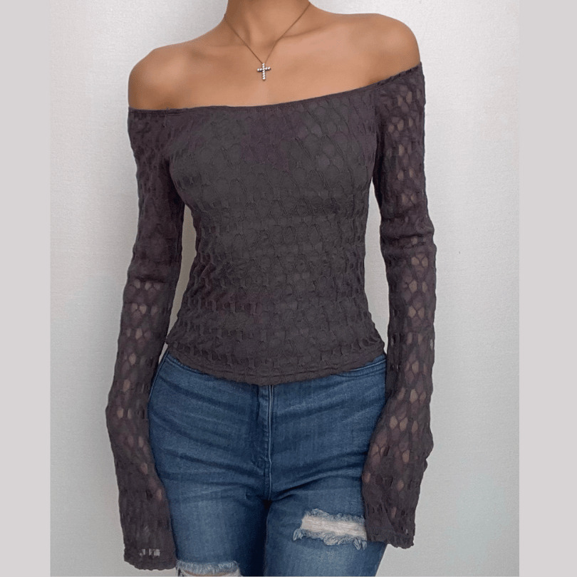 Textured Solid Off-Shoulder Long Sleeve Top - Y2K Aesthetic Cute Crop for Coquette Style