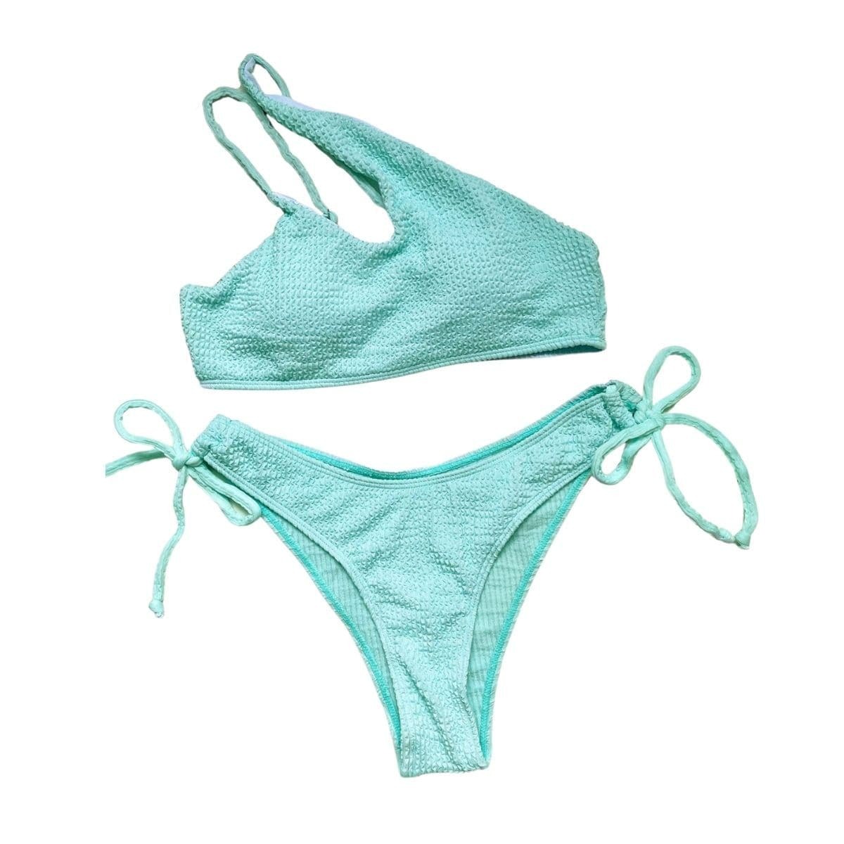 Textured Solid One Shoulder Bikini Swimwear - Y2K Aesthetic, Cute & Comfy Summer Style