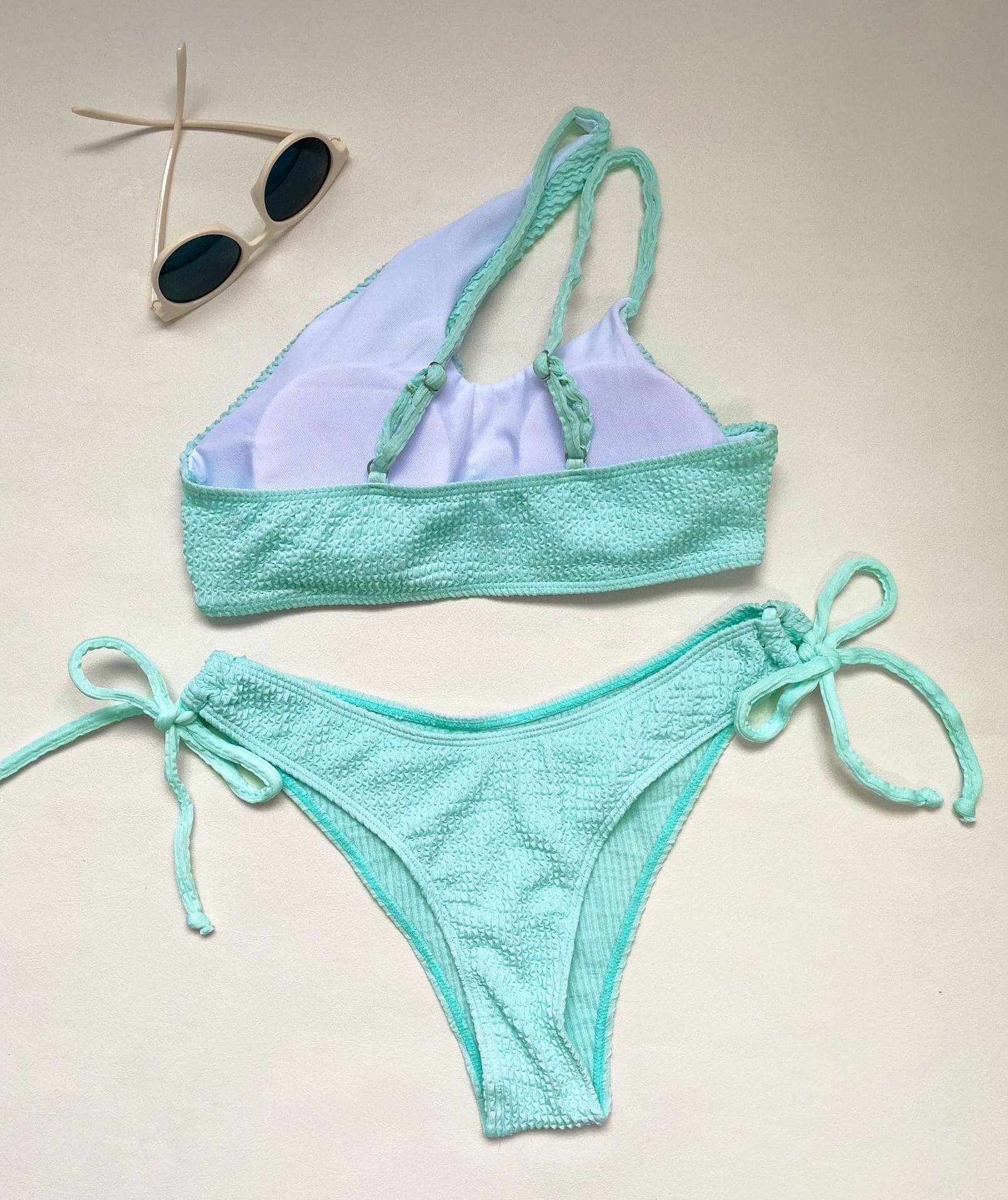 Textured Solid One Shoulder Bikini Swimwear - Y2K Aesthetic, Cute & Comfy Summer Style