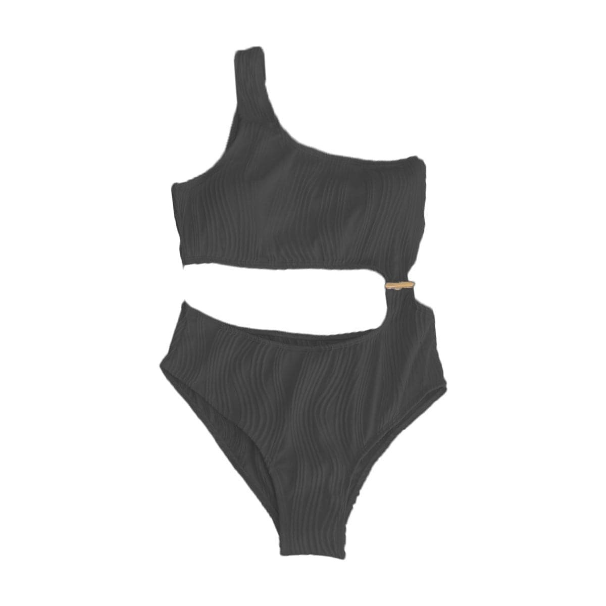 Textured Solid One Shoulder Button Hollow Out Y2K Swimwear - Cute Coquette Aesthetic